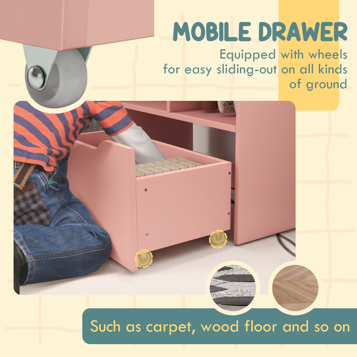 Kids Bookshelf & Storage Organiser with Wheels – Pink
