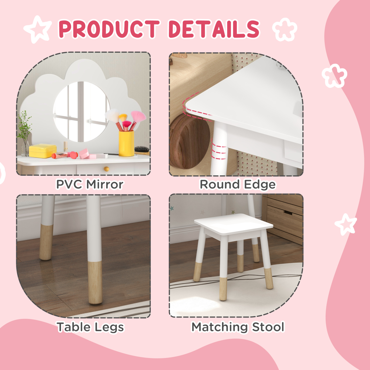 Kids Cloud Dressing Table & Stool Set with Mirror & Drawer – White (Ages 3–6)