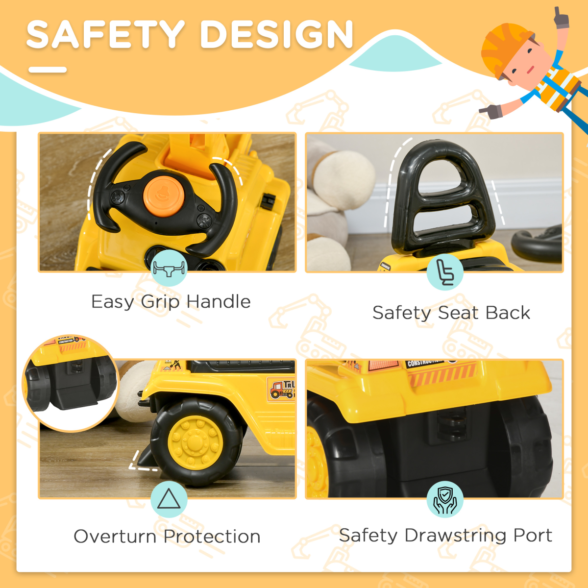 Kids Ride-On Digger with Shovel, Horn & Storage – Yellow (Ages 18–48 Months)