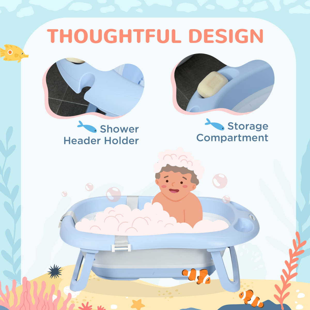 Foldable Baby Bath Tub with Cushion & Shower Head Holder – Blue & White
