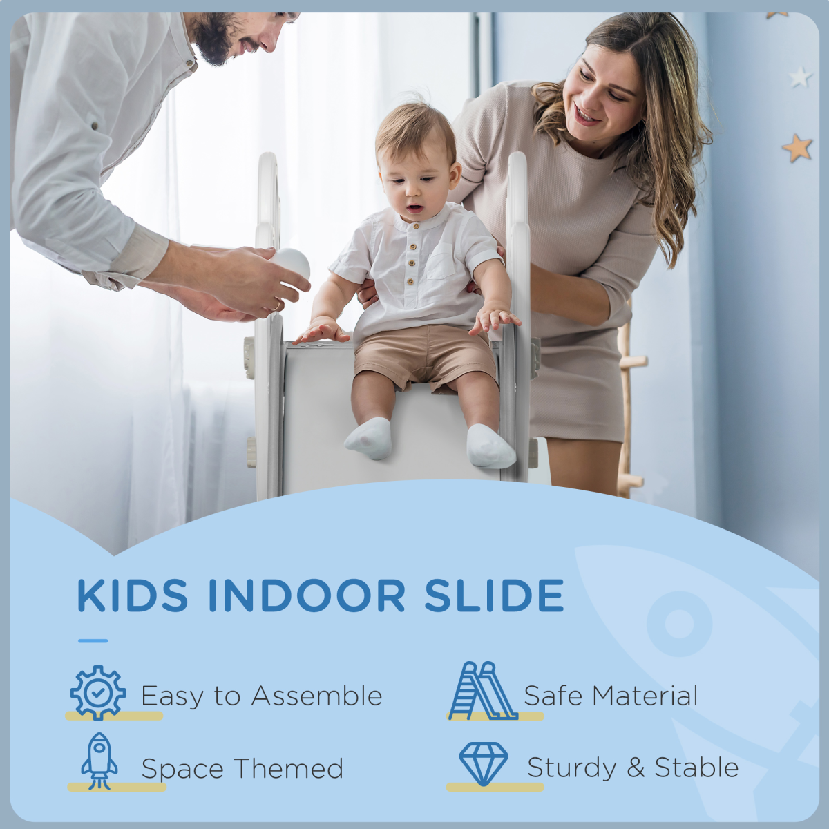 Kids Space-Themed Freestanding Slide with Safety Rails – Grey & White (Ages 1.5–3)