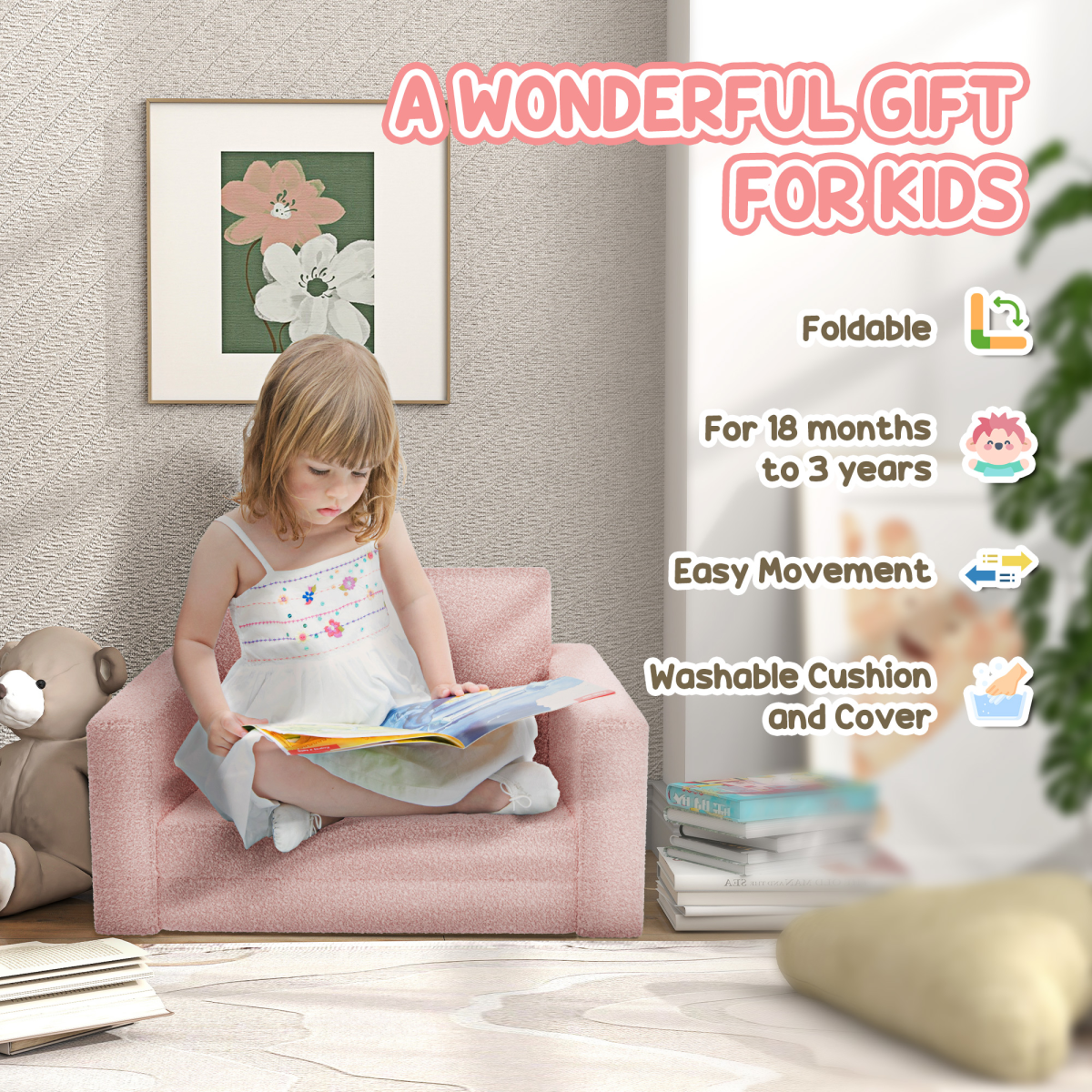 Kids 2-in-1 Sofa Bed – Foldable Toddler Chair & Lounger (Pink, Ages 1.5–3)