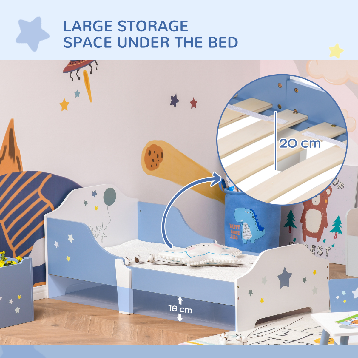 Kids’ Toddler Bed with Stars & Balloon Design – Blue & White