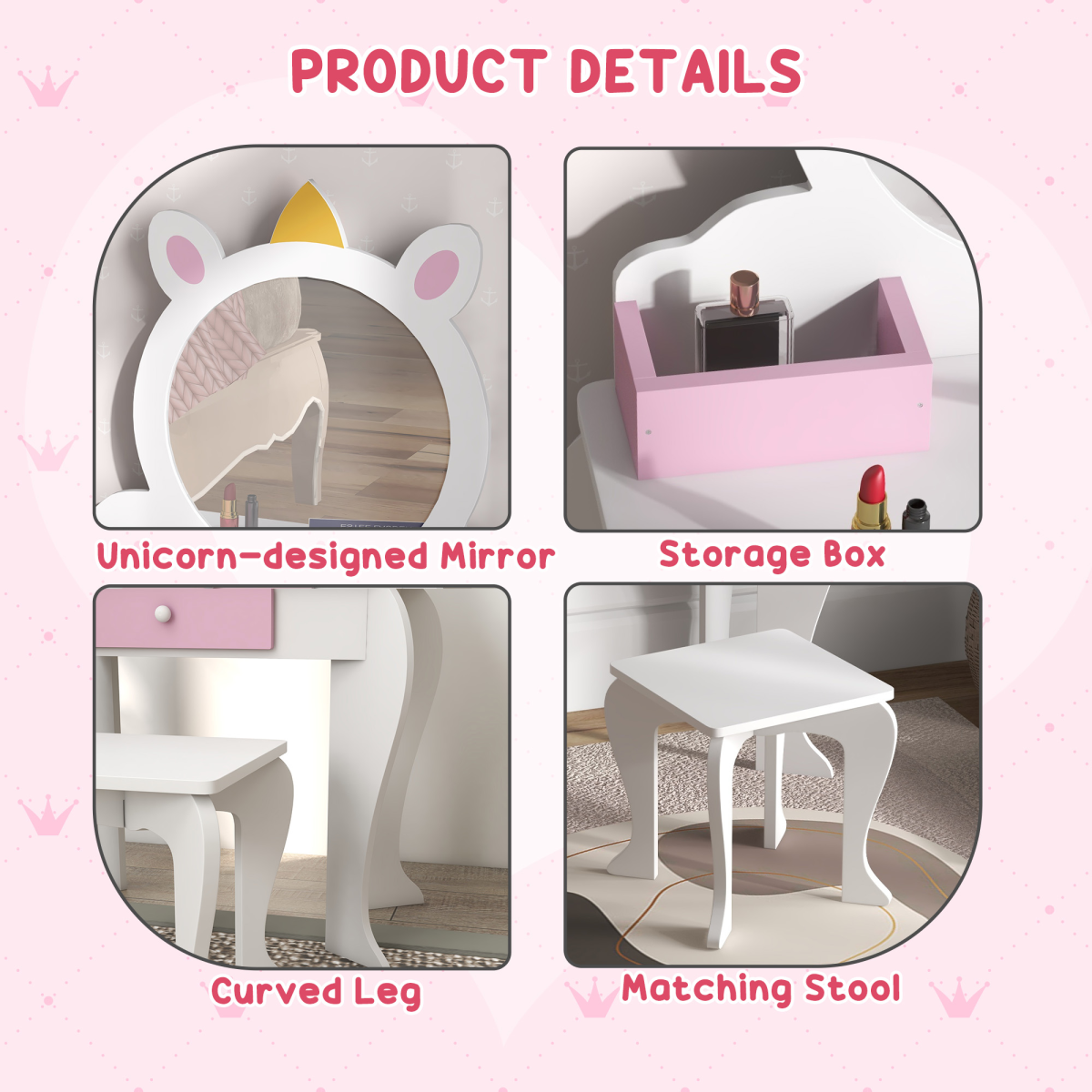 Kids Unicorn Dressing Table & Stool Set with Mirror – White & Pink (Ages 3–6)