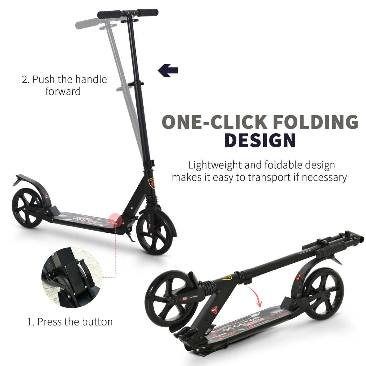 Kick Scooter Folding 2 Big Wheels Adjustable Adult Teens For 14 Black HOMCOM