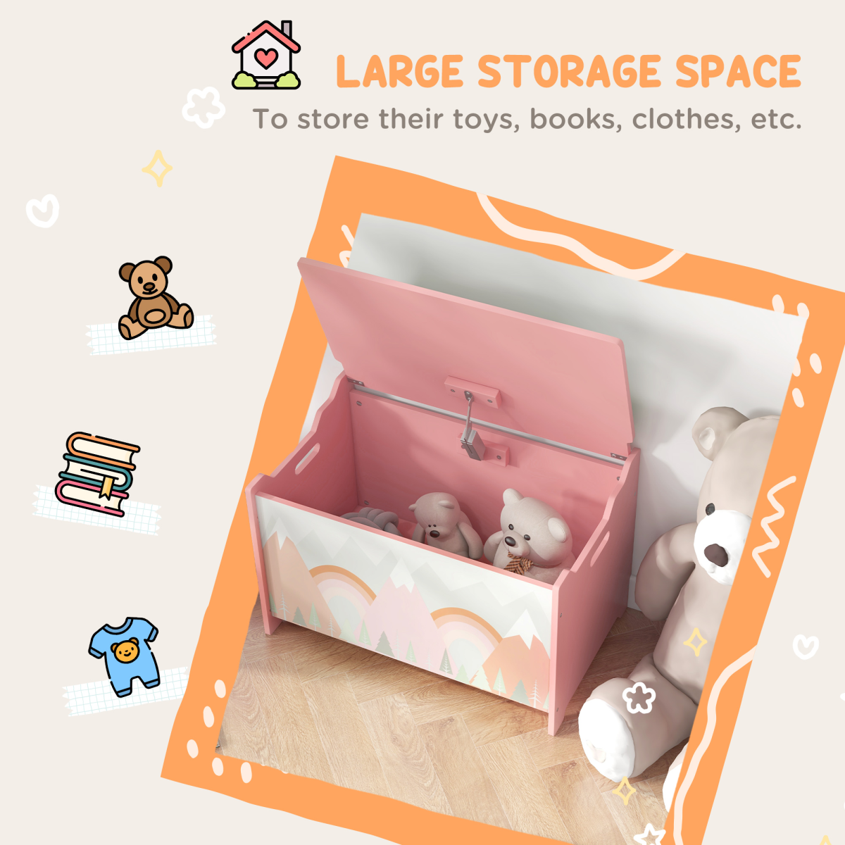 Kids Toy Box with Safety Hinge & Lid – Pink