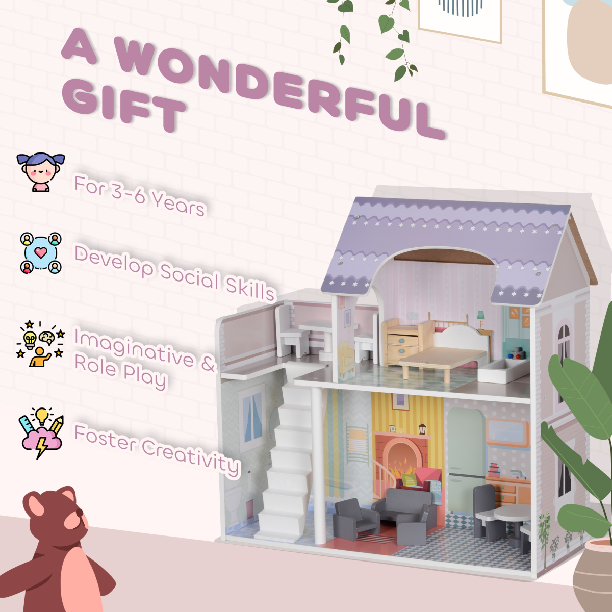 Wooden Dollhouse with Furniture & Balcony – Multicolour (60cm, Ages 3–6)