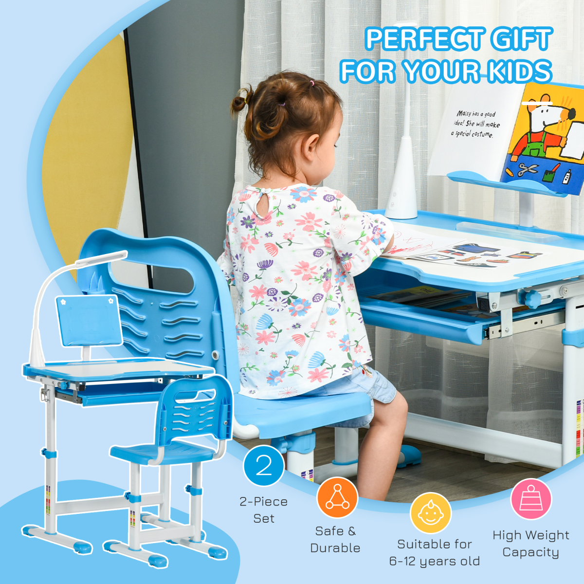 Adjustable Kids Study Desk & Chair Set with Lamp – Blue