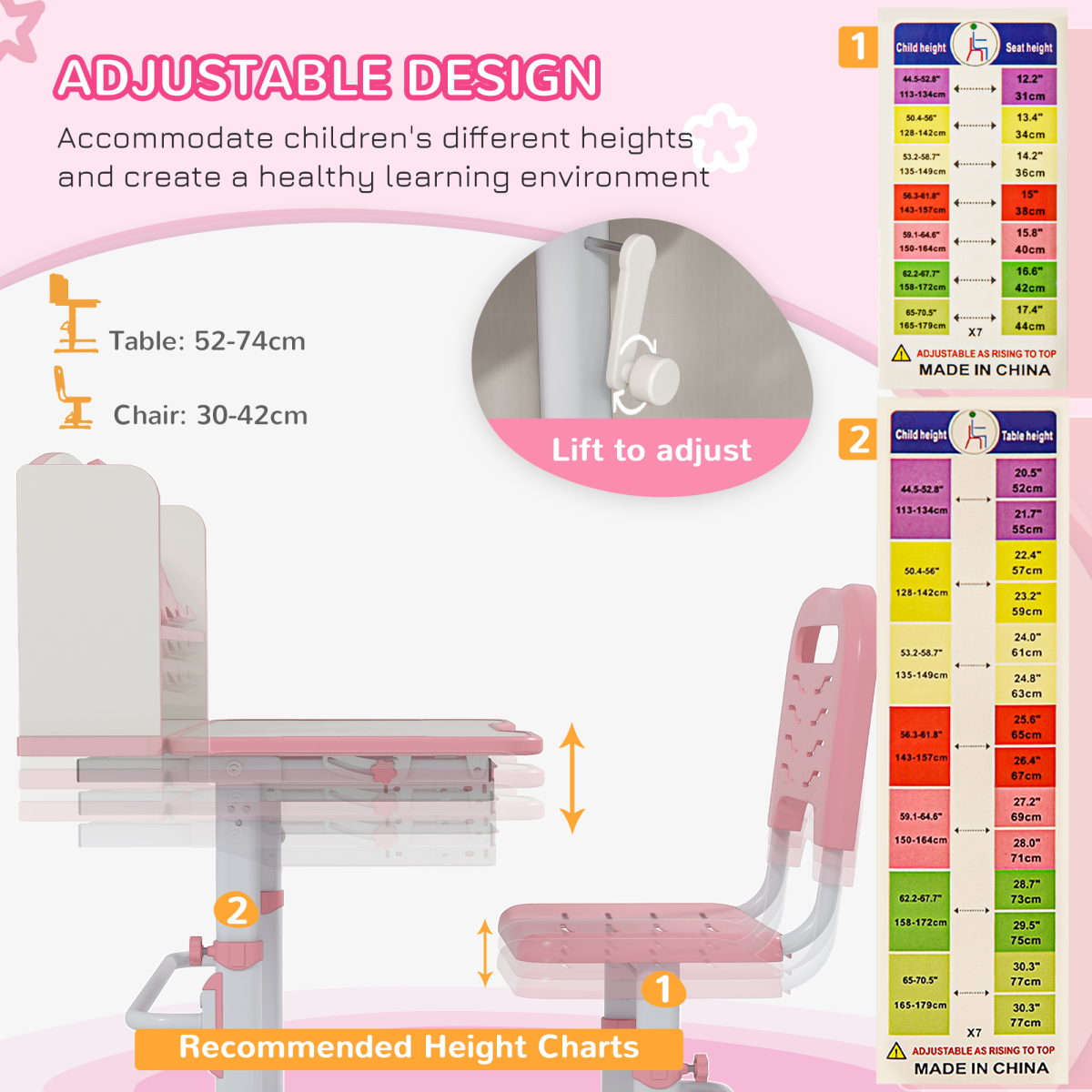 Height Adjustable Kids Desk & Chair Set with Drawer & Bookshelf – Pink (Ages 6–12)