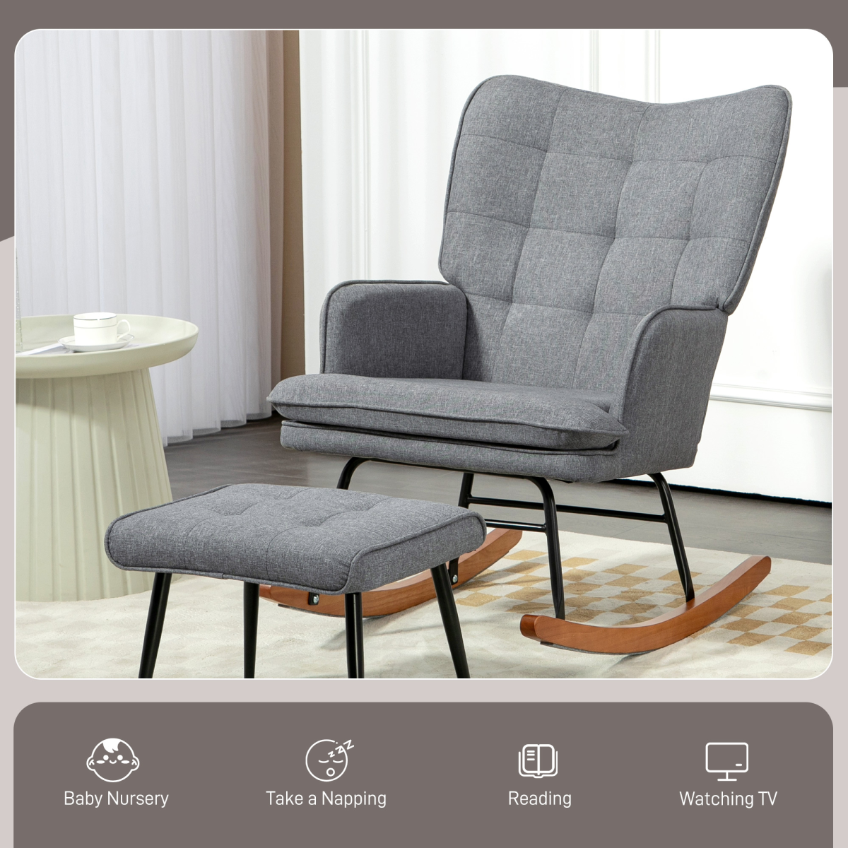 Rocking Chair with Footstool Fabric Wingback Chair