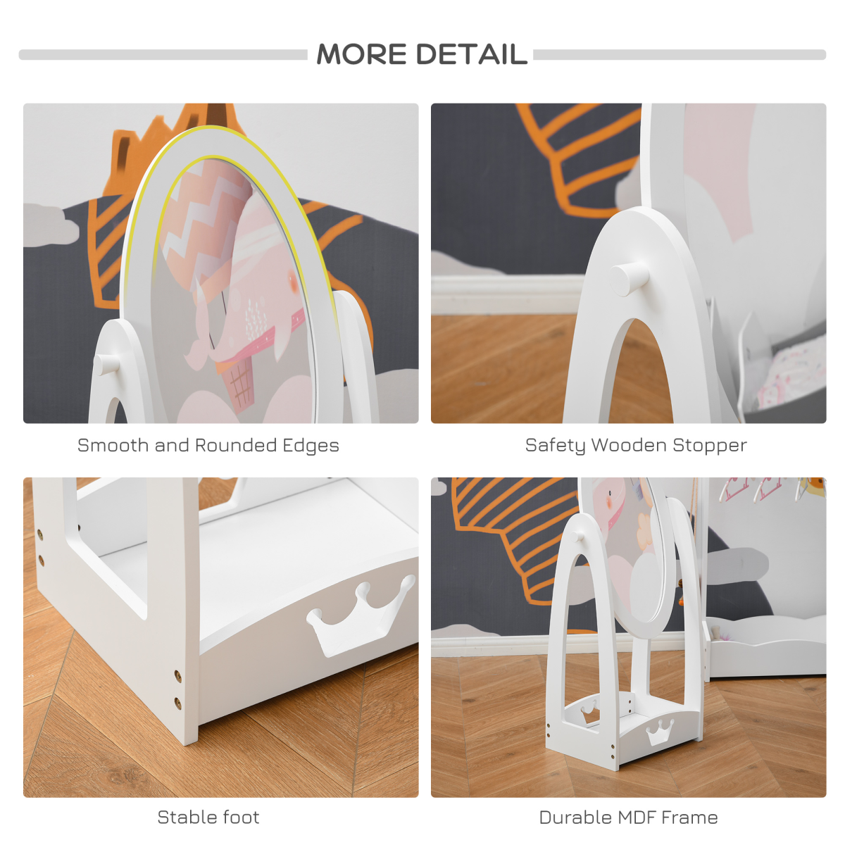 Kids Full-Length Dressing Mirror with Crown Design & Storage Shelf – White
