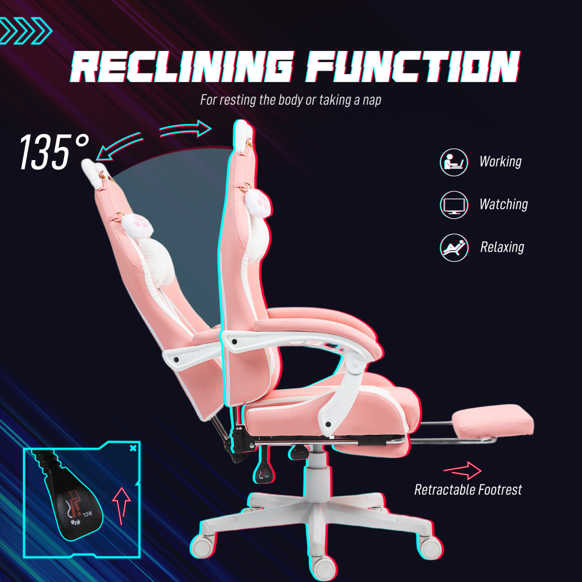 Pink Gaming Chair with Cat Ears & Paw ā Reclining, Adjustable & Cute Comfort HOMCOM