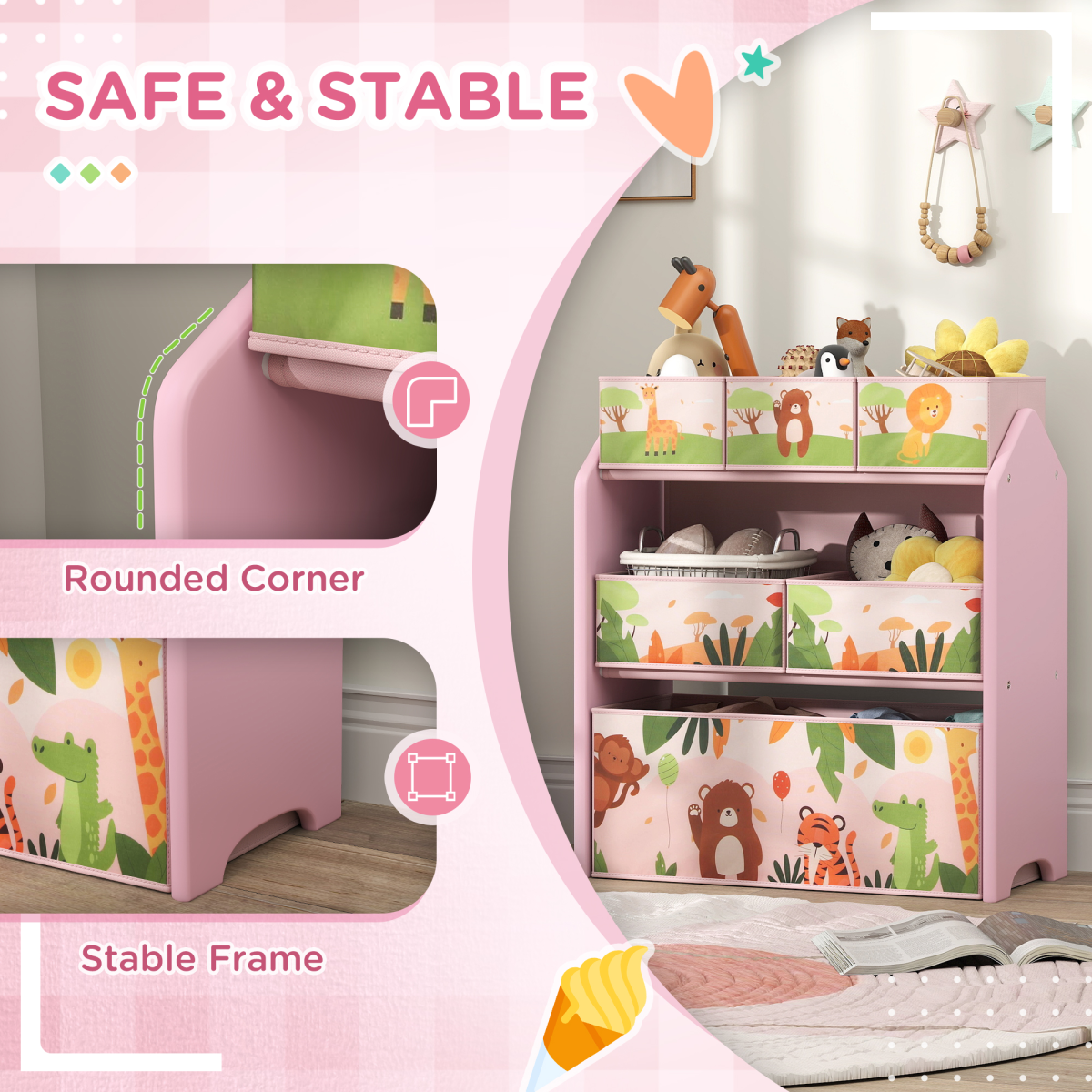 Kids 3-Tier Storage Unit with 6 Removable Boxes – Pink Cartoon Design