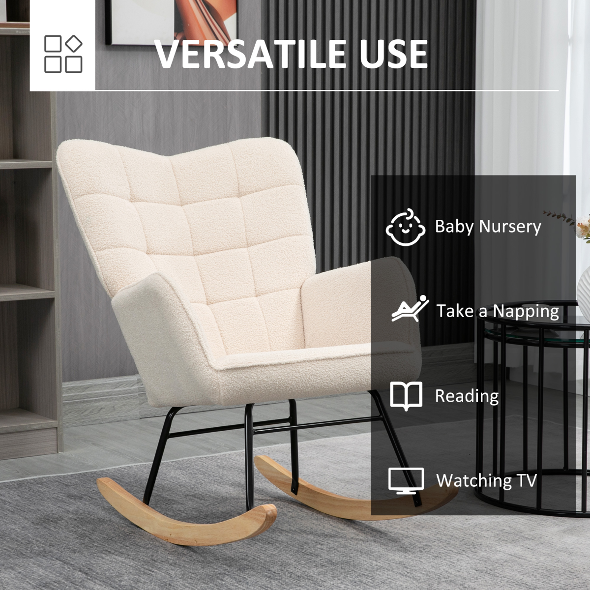 HOMCOM Wingback Rocking Chair for Nursing w/ Steel Frame and Wooden Base Beige