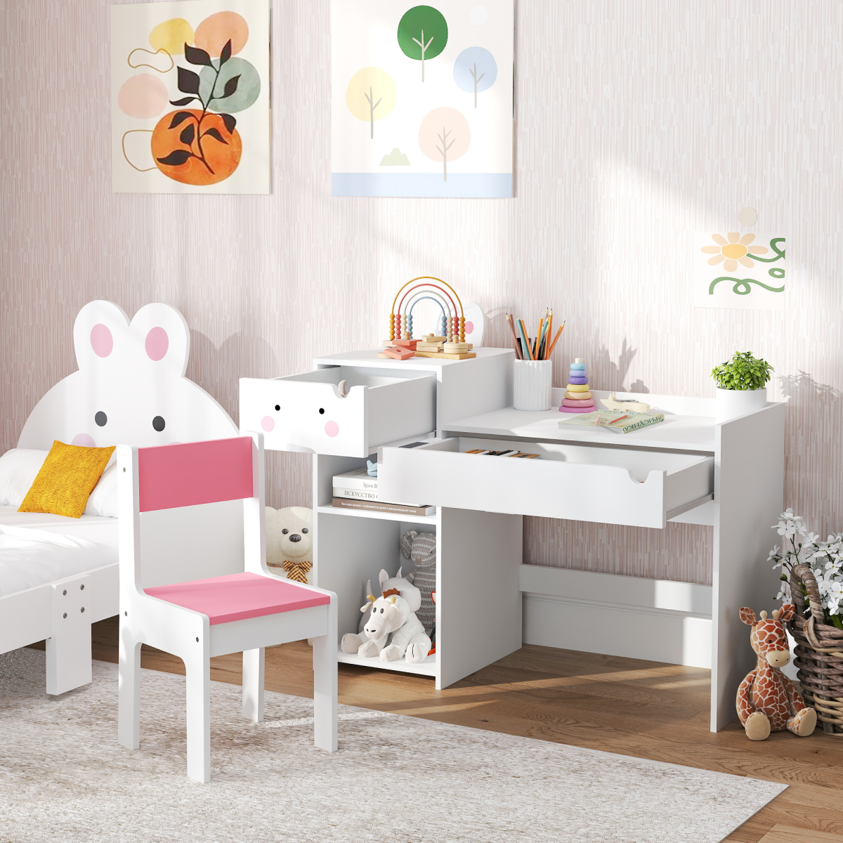 š° Kids Table & Chair Set with Rabbit Design ā White