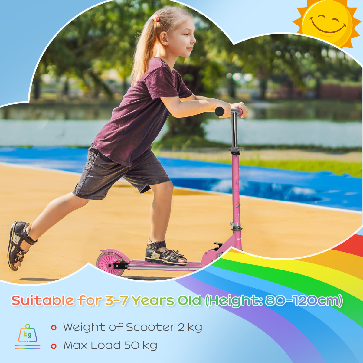 Kids Scooter with Lights & Music – Adjustable & Foldable, Pink (Ages 3–7)