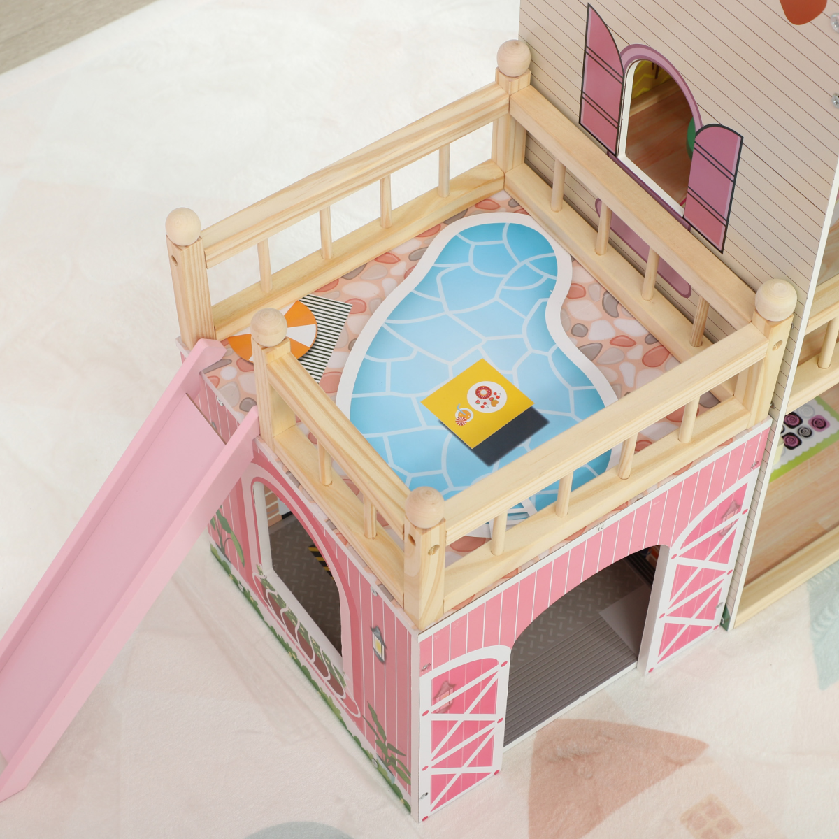 3-Storey Wooden Dollhouse with Furniture & Accessories – Pink