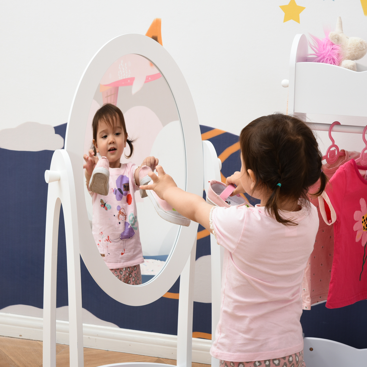 Kids Full-Length Dressing Mirror with Crown Design & Storage Shelf – White