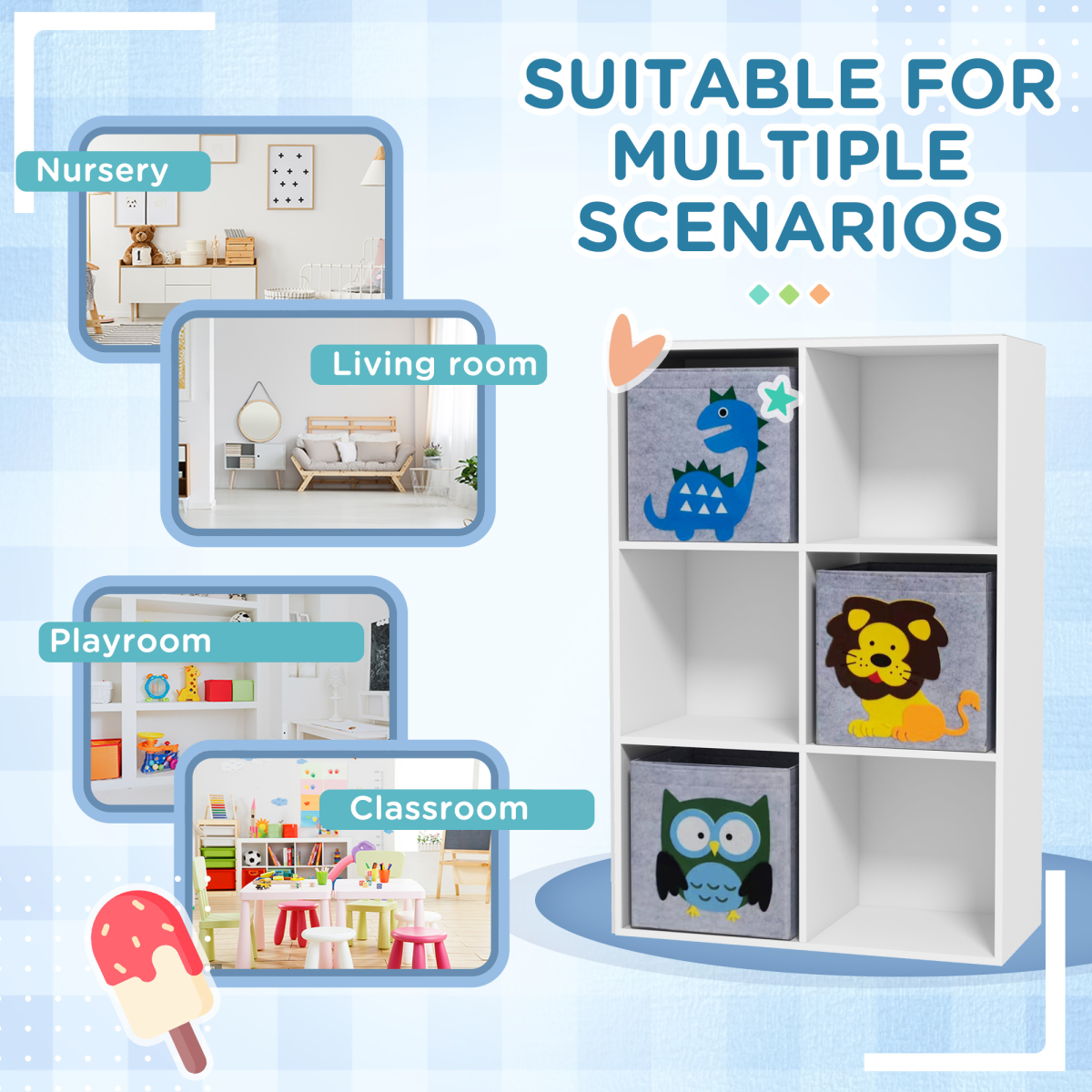 Kids Toy Organiser with 3 Drawers & 6 Cubes – White/Grey (Ages 3+)