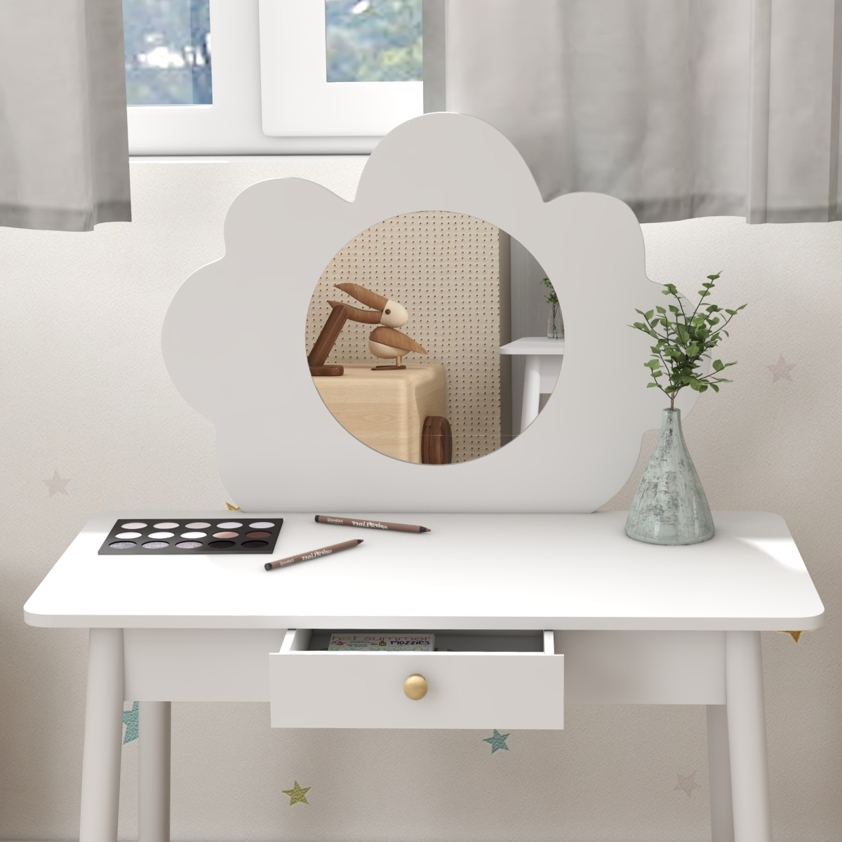 Kids Cloud Dressing Table & Stool Set with Mirror & Drawer – White (Ages 3–6)