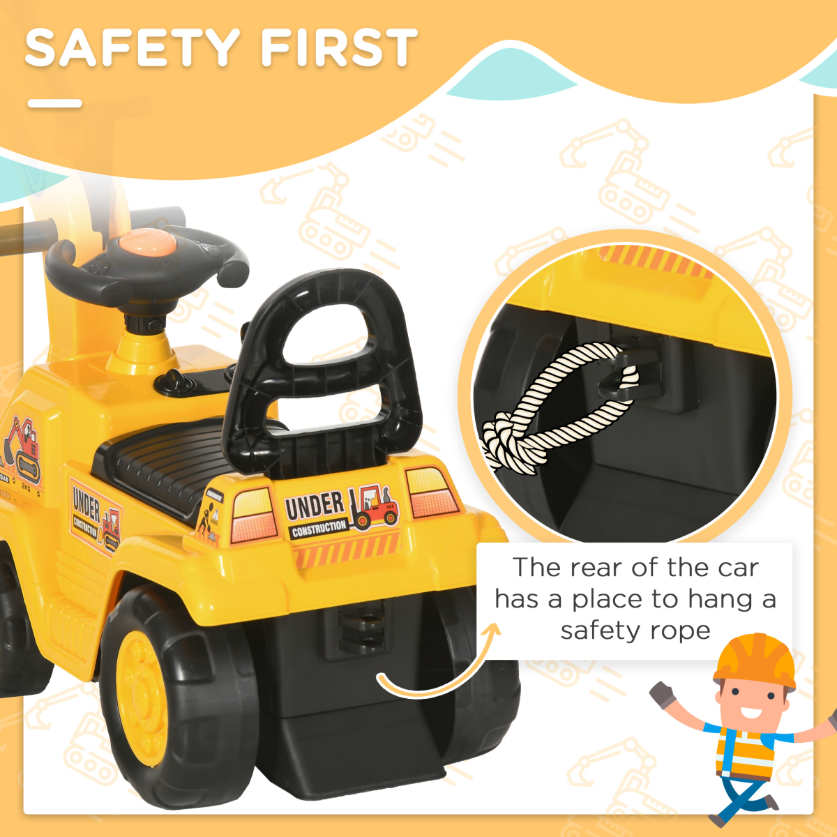 Kids Ride-On Digger with Shovel, Horn & Storage – Yellow (Ages 18–48 Months)