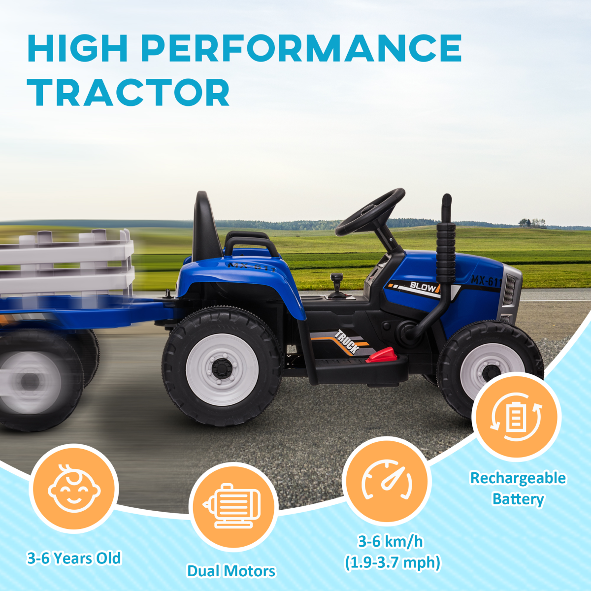 Ride-On Tractor with Remote Control & Detachable Trailer – Blue
