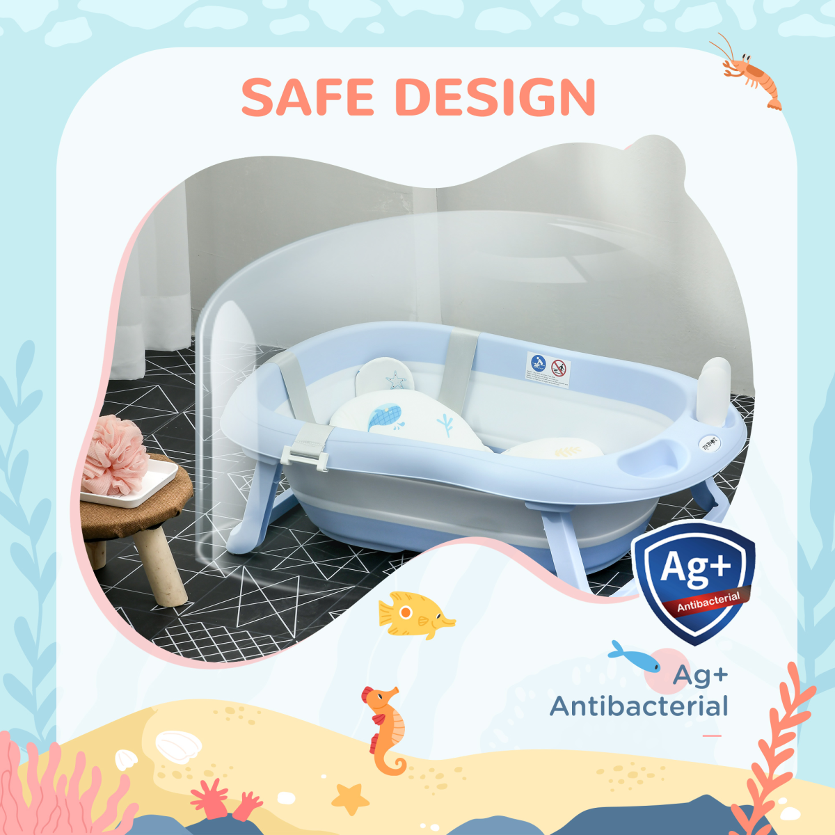 Foldable Baby Bath Tub with Cushion & Shower Head Holder – Blue & White