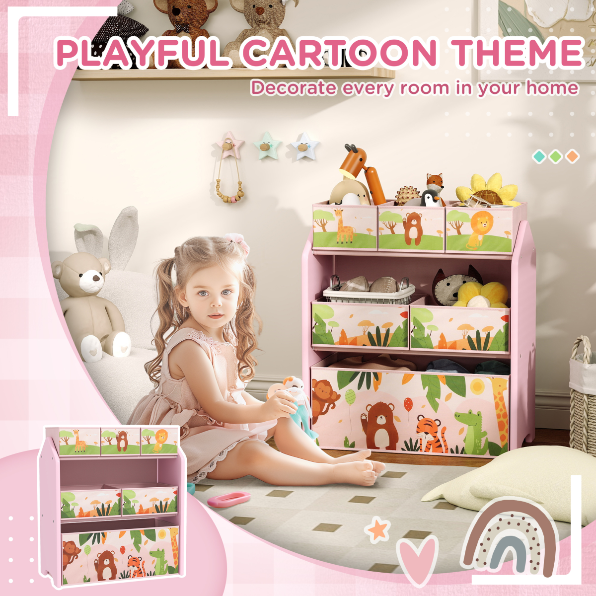 Kids 3-Tier Storage Unit with 6 Removable Boxes – Pink Cartoon Design