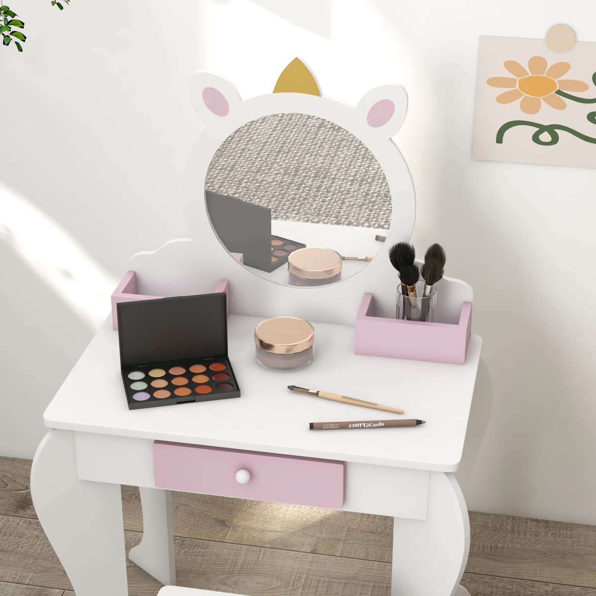 Kids Unicorn Dressing Table & Stool Set with Mirror – White & Pink (Ages 3–6)