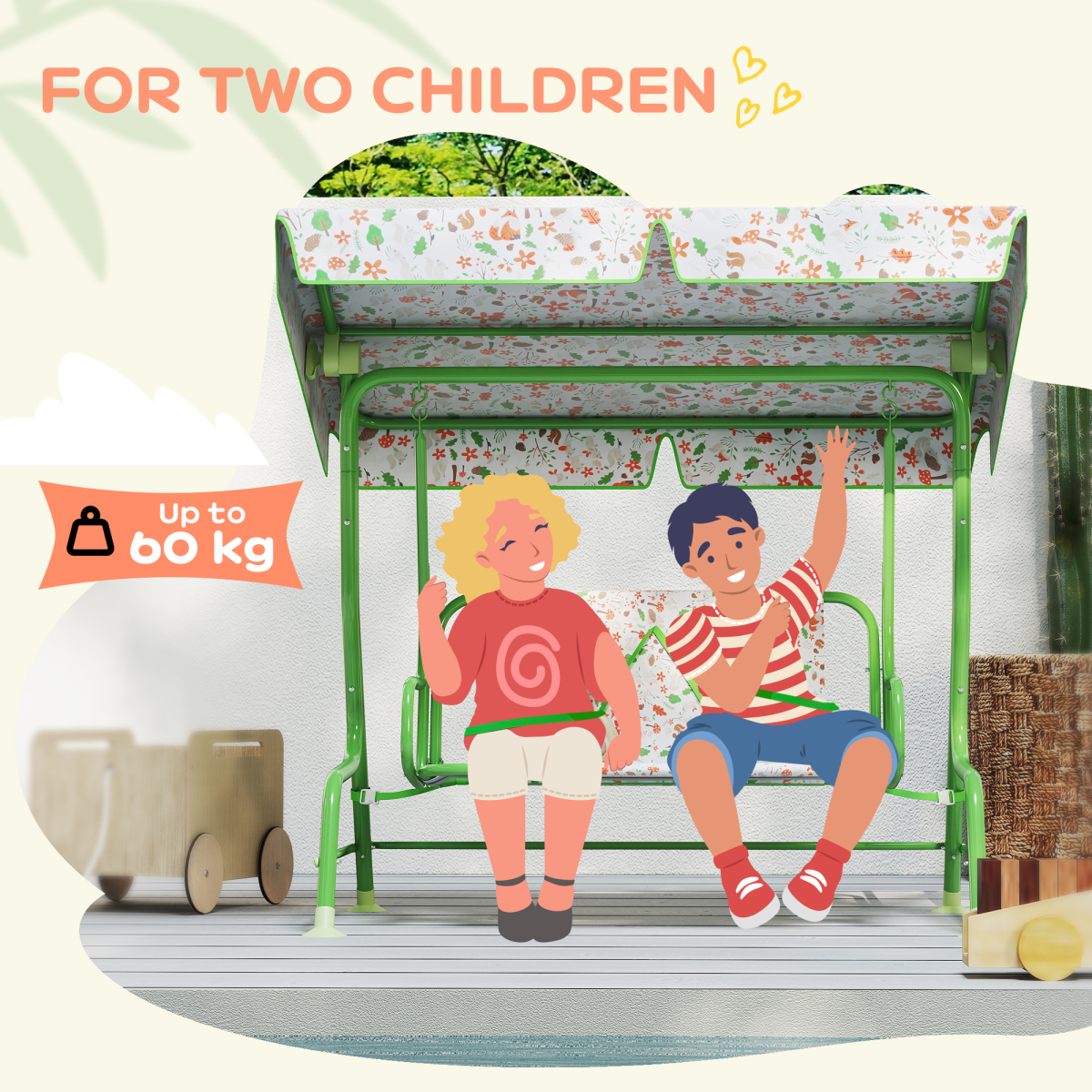 Kids Fox Pattern Swing Seat with Adjustable Canopy for Outdoor Fun