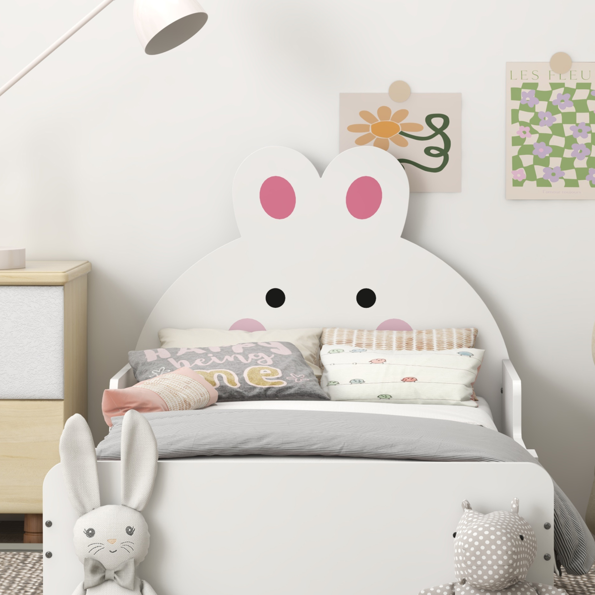 Kids Bunny Bed Frame with Side Panels – White & Pink (Ages 3–6)