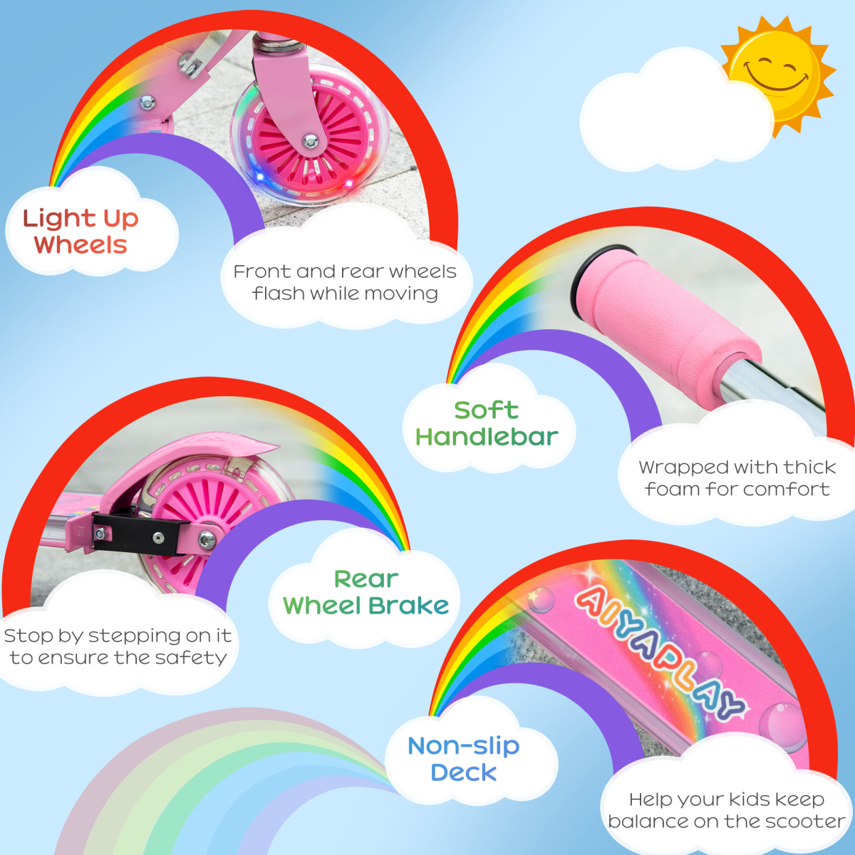 Kids Scooter with Lights & Music – Adjustable & Foldable, Pink (Ages 3–7)