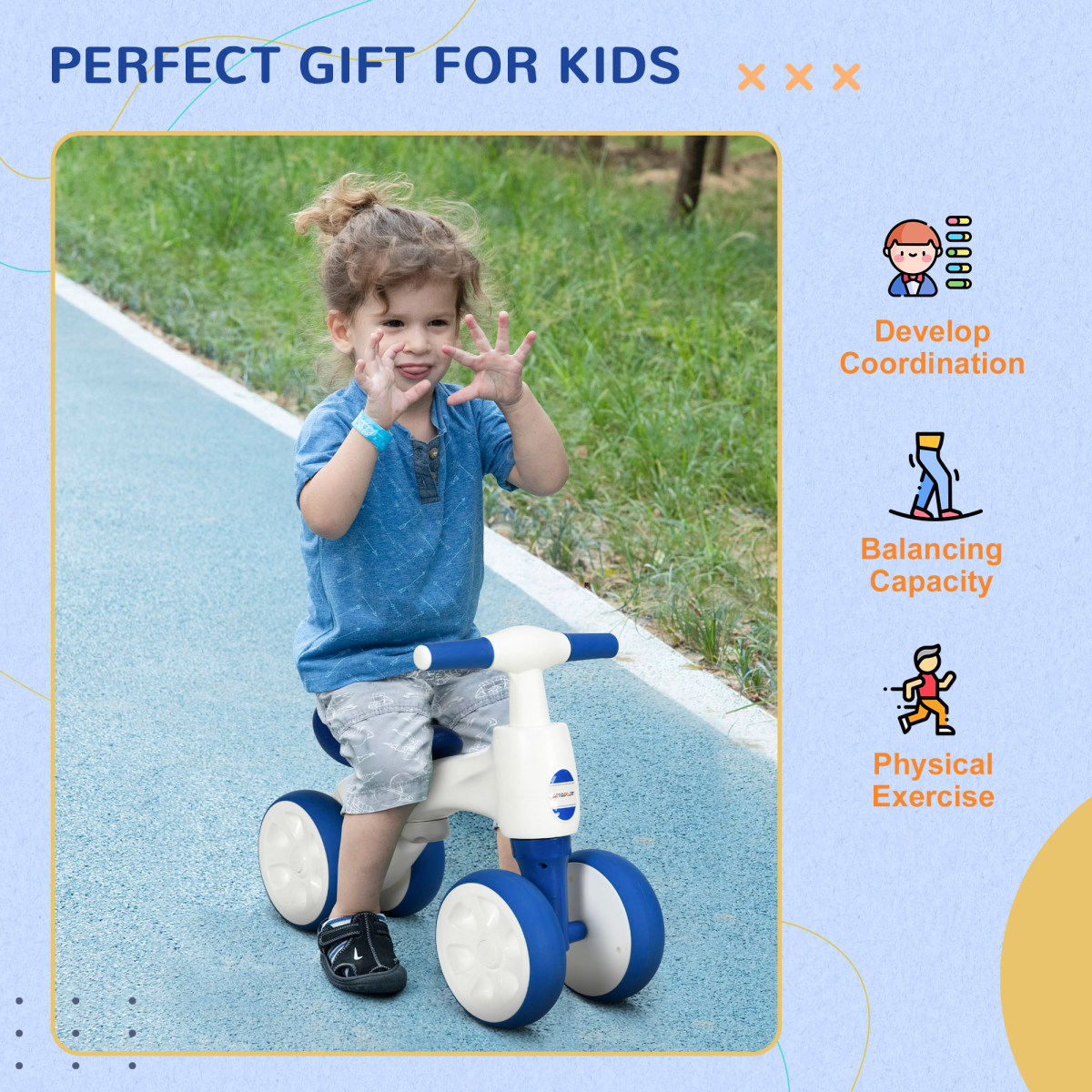 Kids Balance Bike with 4 Wheels – White & Blue (Ages 18–36 Months)
