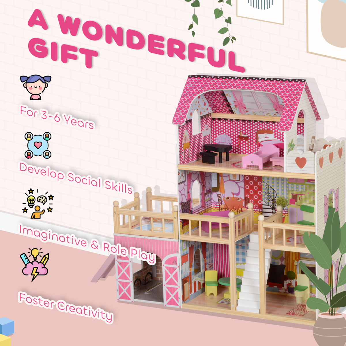 3-Storey Wooden Dollhouse with Furniture & Accessories – Pink