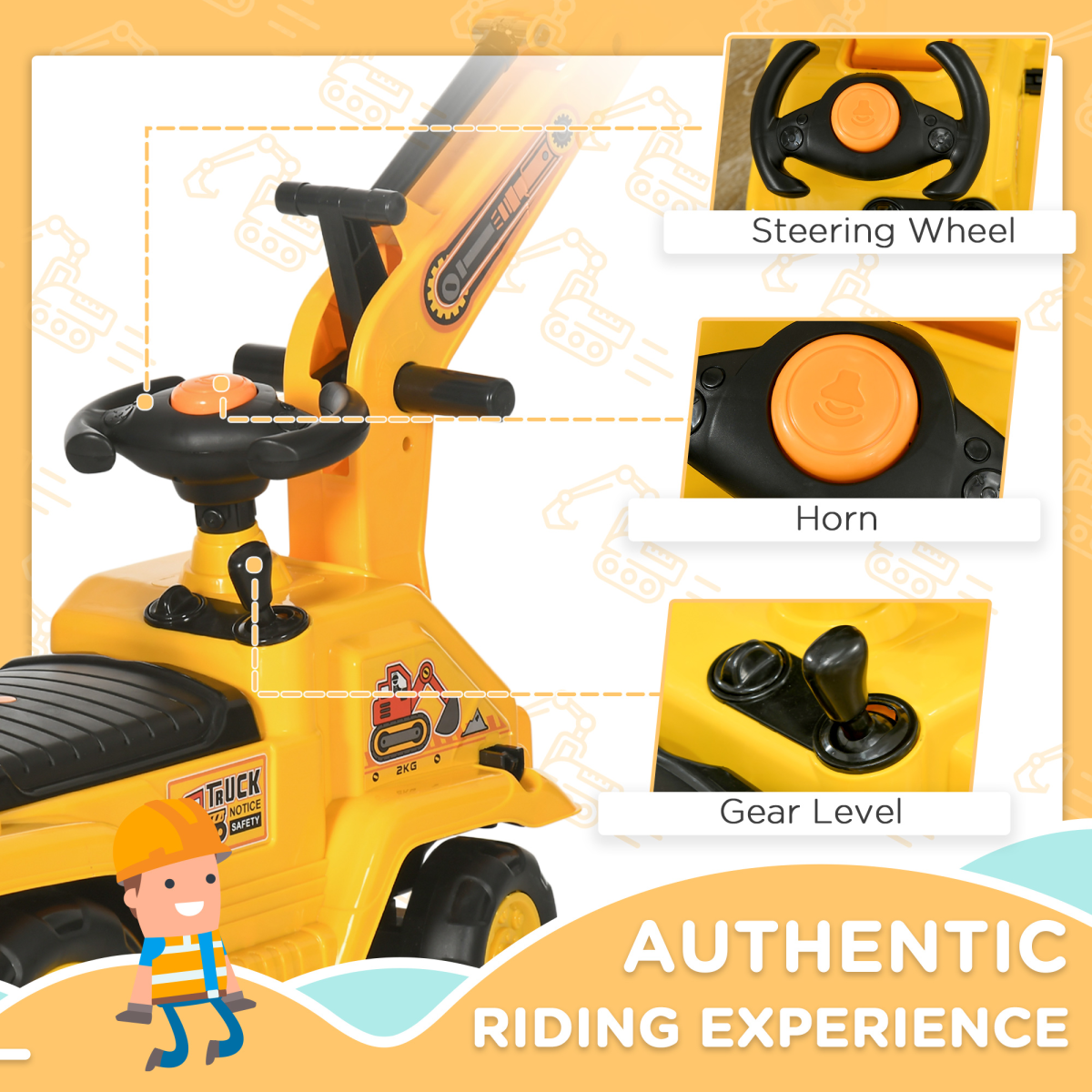 Kids Ride-On Digger with Shovel, Horn & Storage – Yellow (Ages 18–48 Months)
