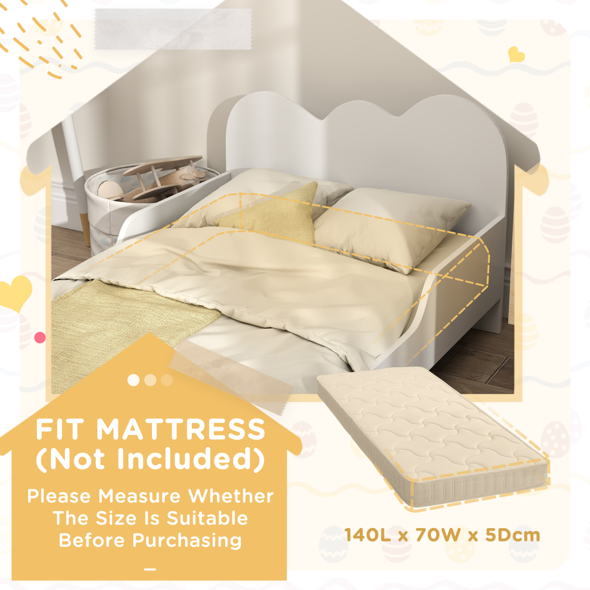 AIYAPLAY Cloud-Themed Toddler Bed frame with Safety Rails, 143.5 x 74.5 x 56cm