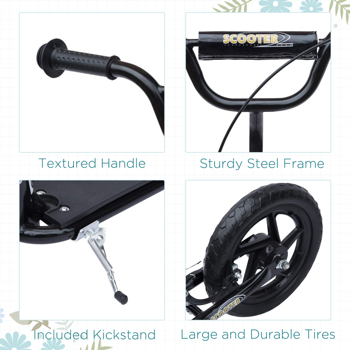 Push Scooter Teen Kids Stunt Bike Ride On with 12" EVA Tyres, Black