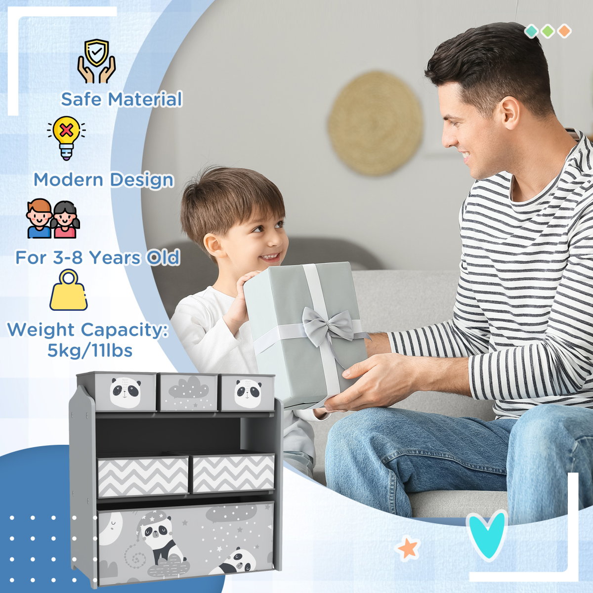 Kids Toy Storage Unit with 6 Removable Bins – Grey (Ages 3–8)