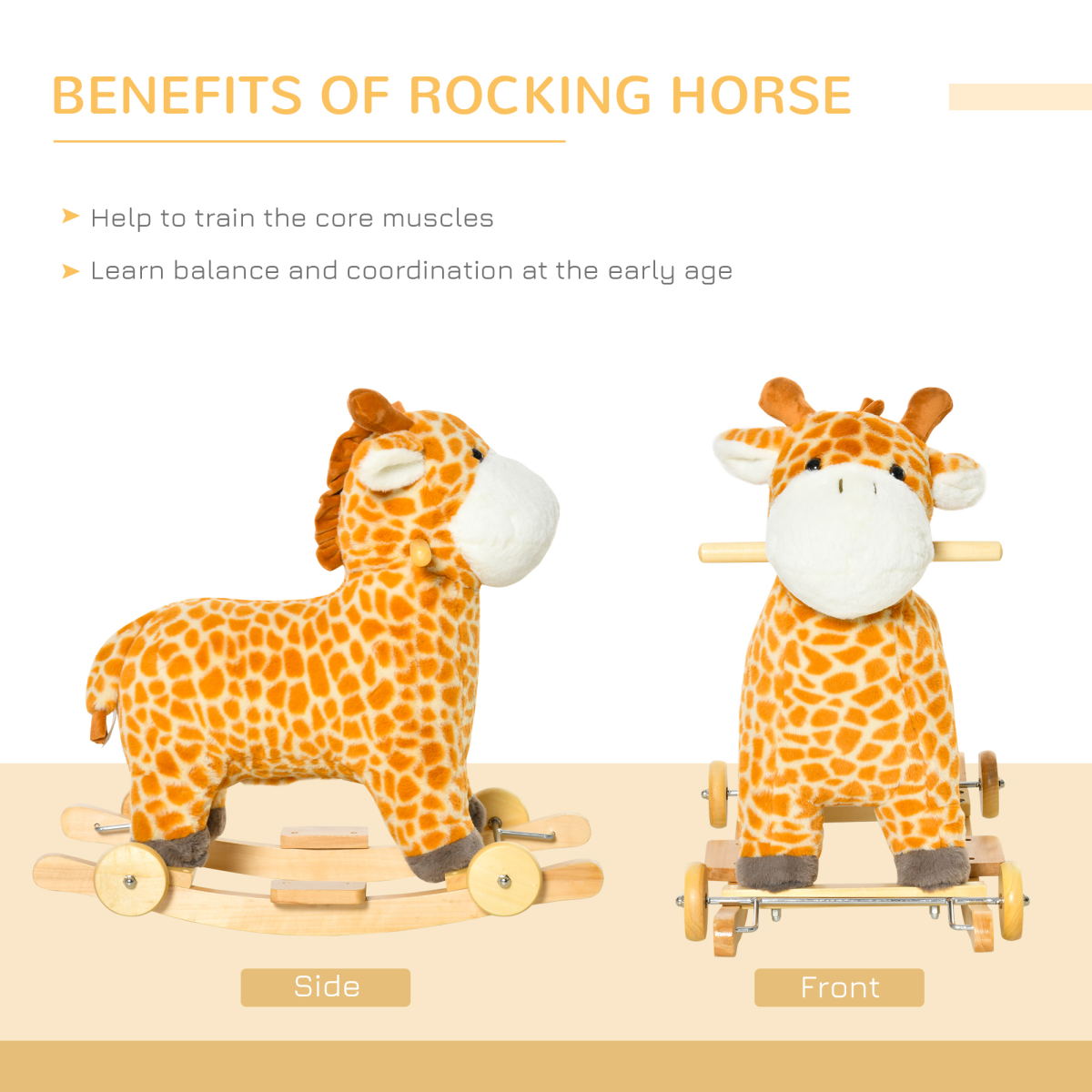 Kids 2-in-1 Giraffe Rocking Horse with Wheels & Sound – Wooden Frame Plush Ride-On Toy