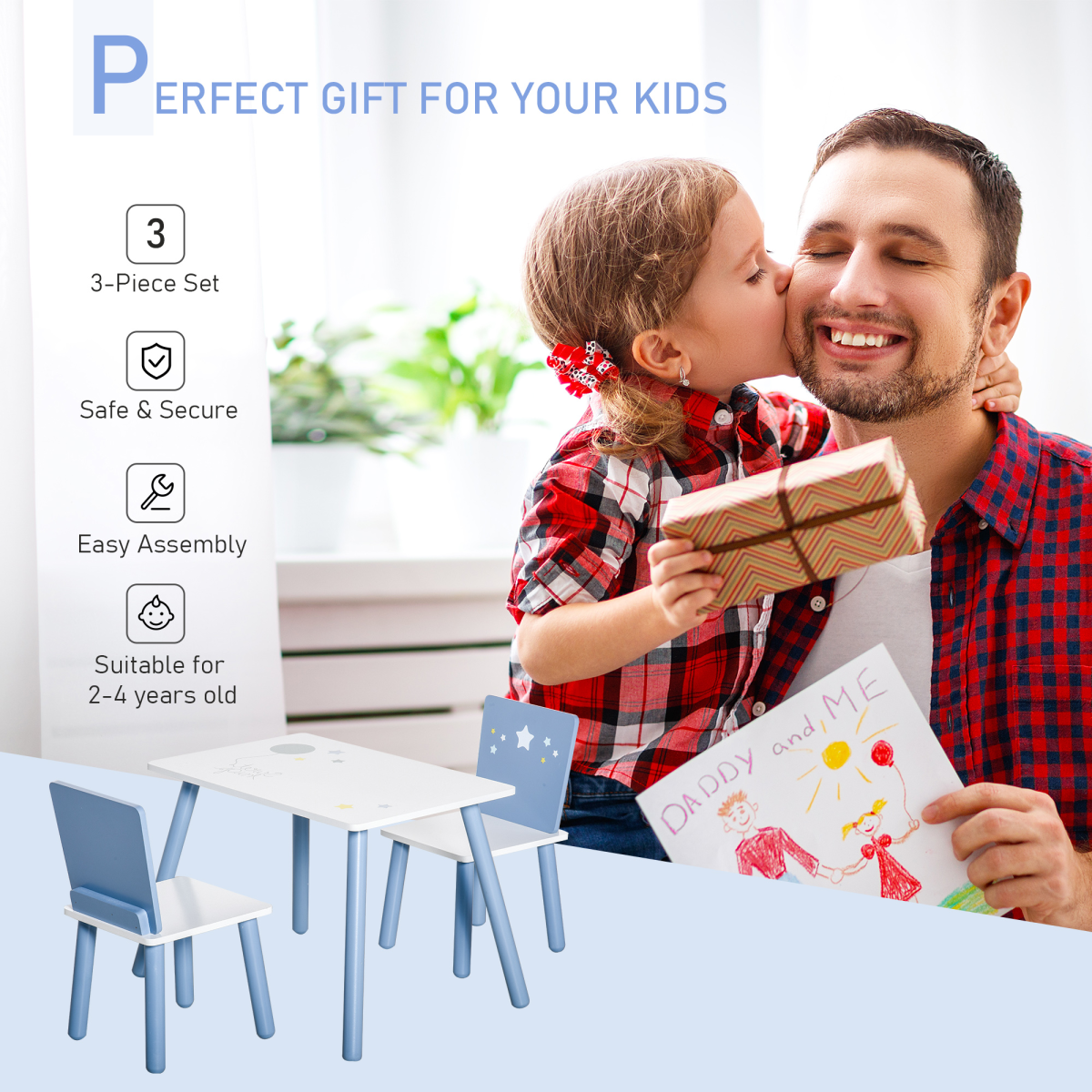 Kids 3-Piece Table & Chair Set with Stars & Balloons Design – White & Blue (Ages 2–4)