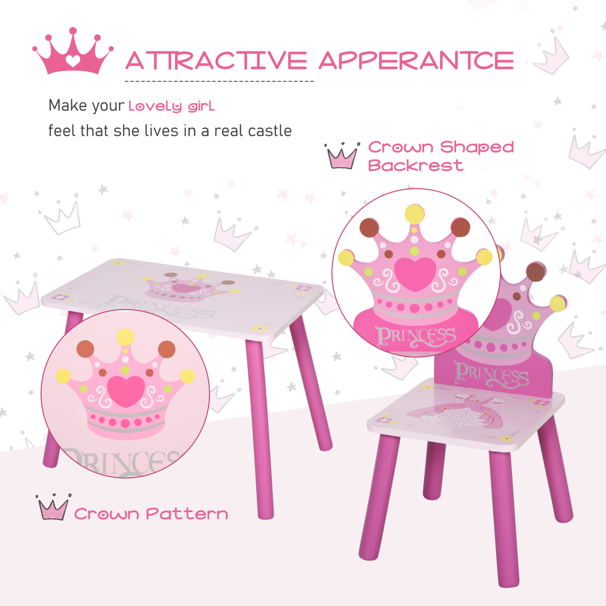 Kids 3-Piece Princess Table & Chair Set – Pink Crown Design (Ages 3+)