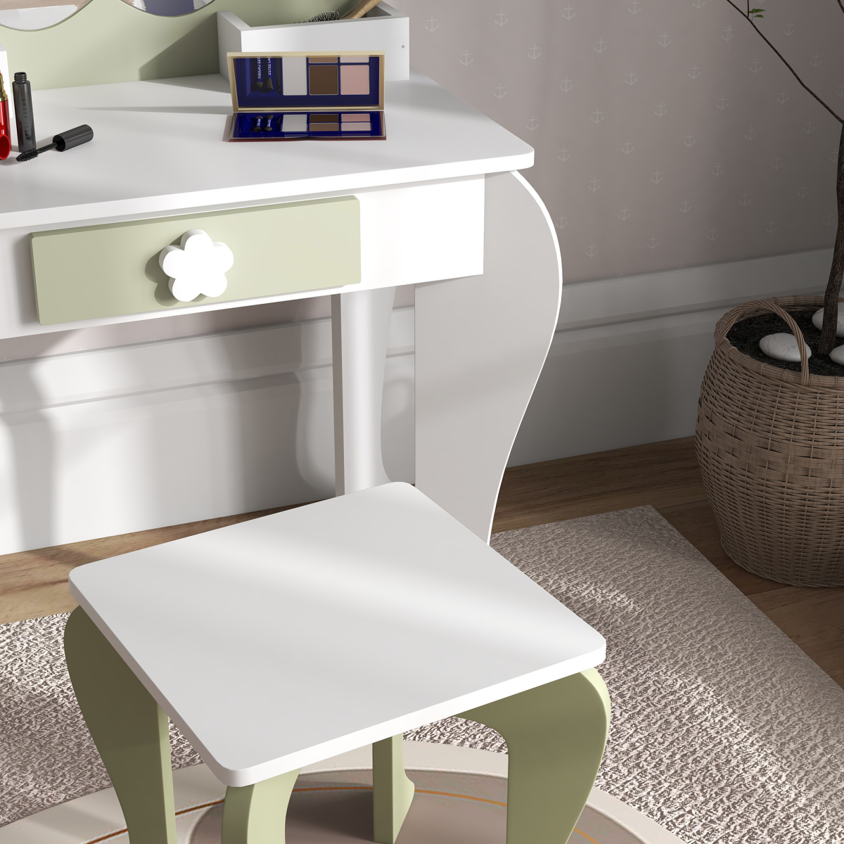 Kids Dressing Table Set with Stool & Mirror – White & Yellow Flower Design