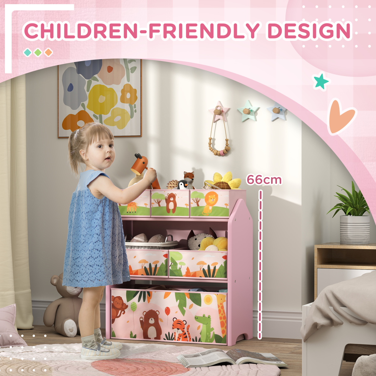 Kids 3-Tier Storage Unit with 6 Removable Boxes – Pink Cartoon Design
