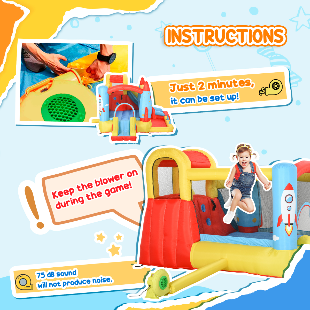 Bouncy Castle with Slide Pool Rocket Trampoline w/ Carrybag Blower