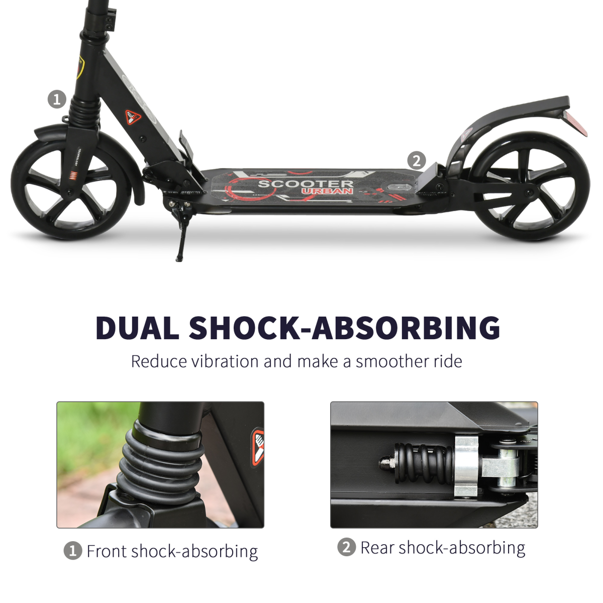 Kick Scooter Folding 2 Big Wheels Adjustable Adult Teens For 14 Black HOMCOM