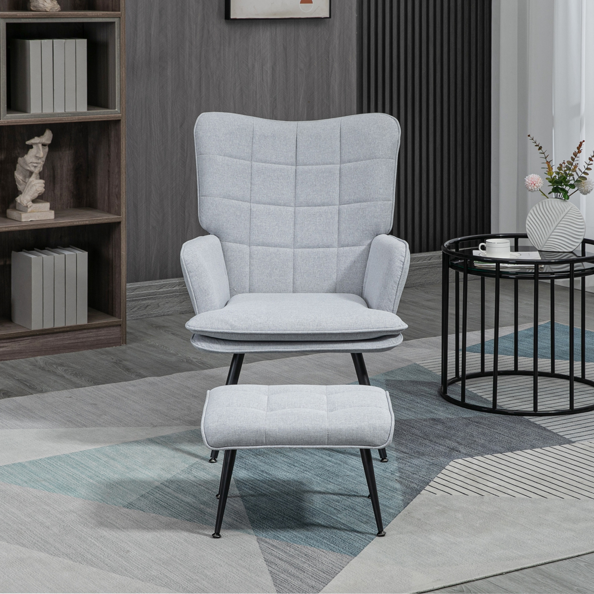 Chair with Footstool and Steel Legs, Light Grey