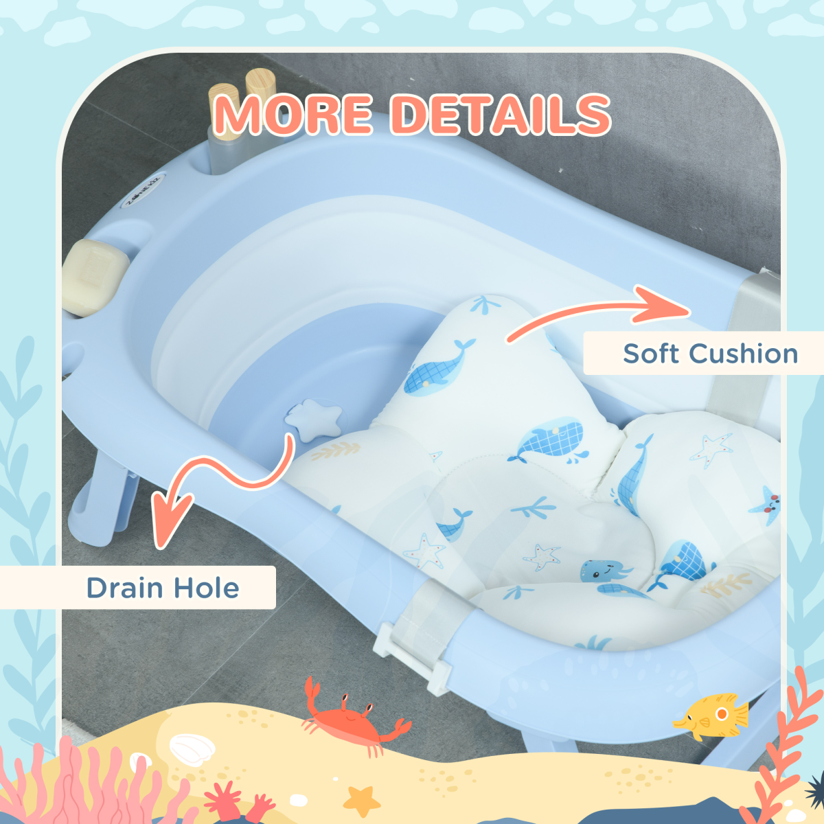 Foldable Baby Bath Tub with Cushion & Shower Head Holder – Blue & White