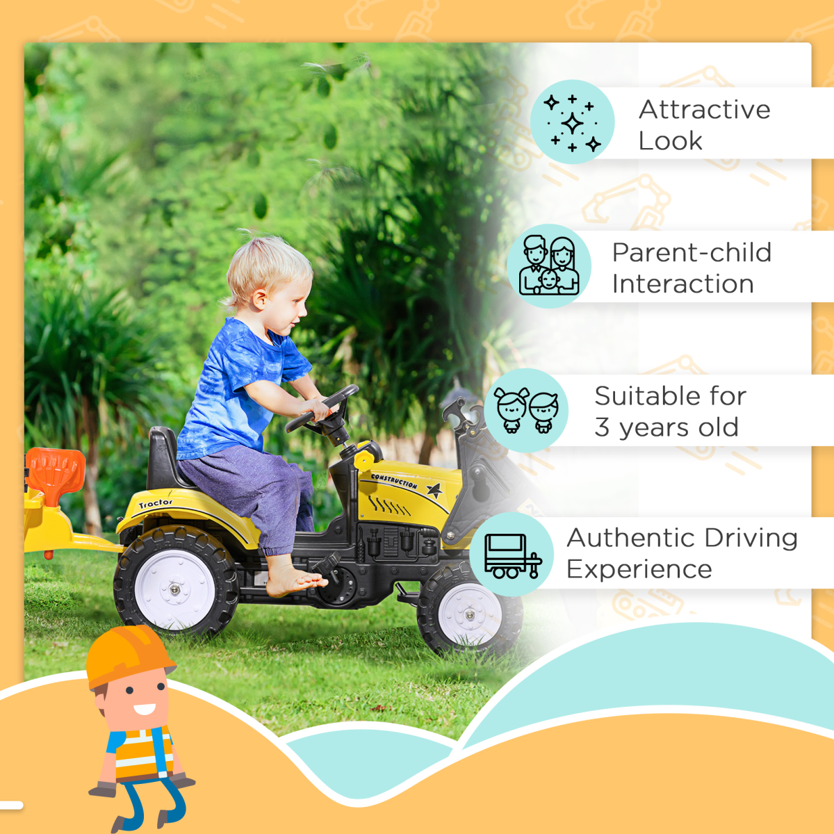 HOMCOM Pedal Go Kart Ride on Excavator Wheels Tyres Kids Children -Yellow