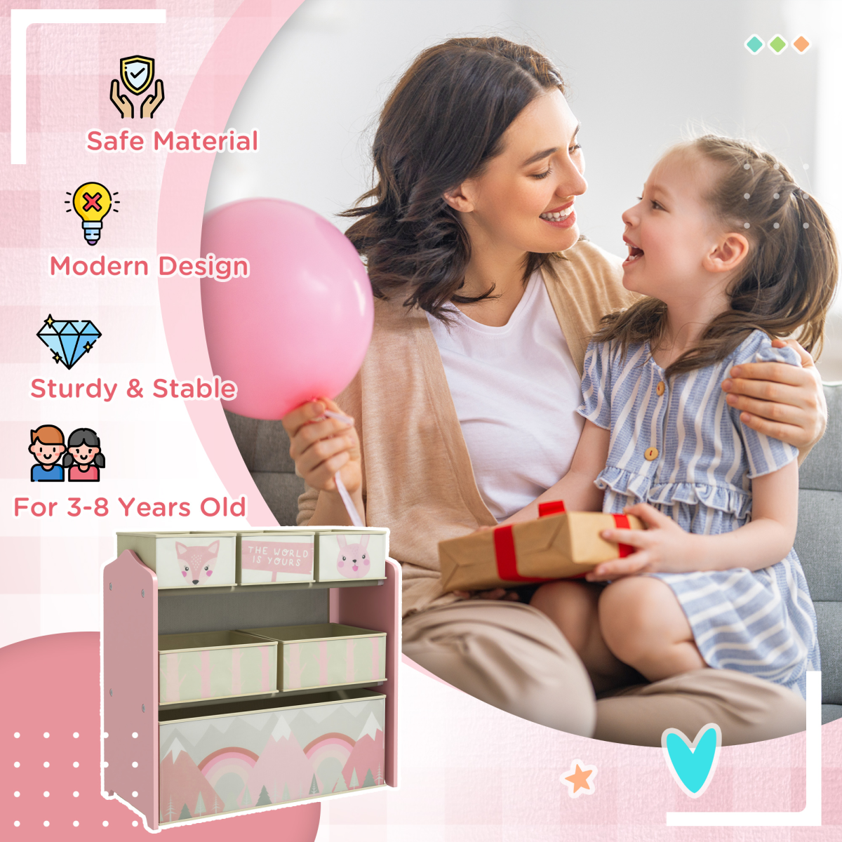 Kids Toy Storage Organiser with 6 Removable Boxes – Pink