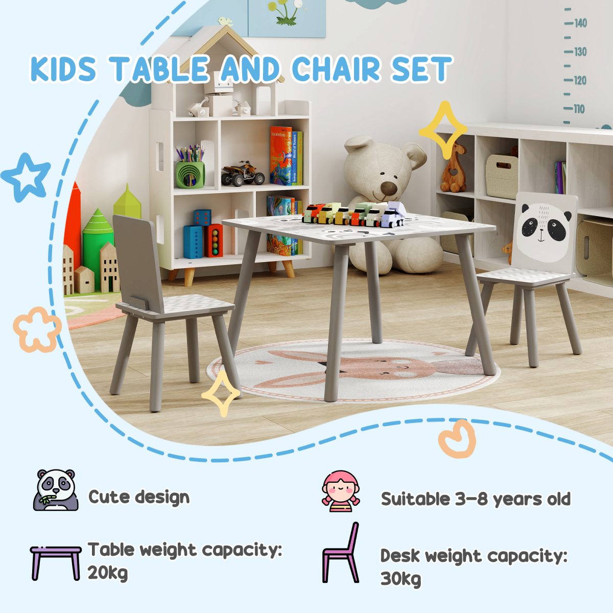 Kids 3-Piece Table & Chair Set – Grey (Desk + 2 Chairs)